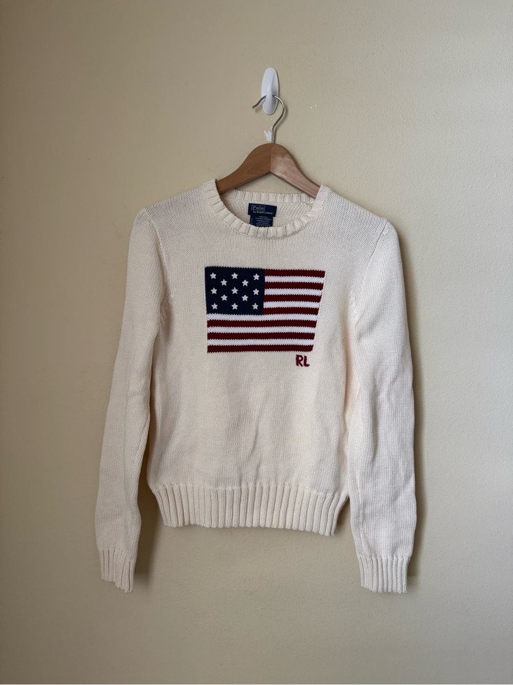 Polo Ralph Lauren American Flag Sweater USA Knit Crewneck Cream Size Small